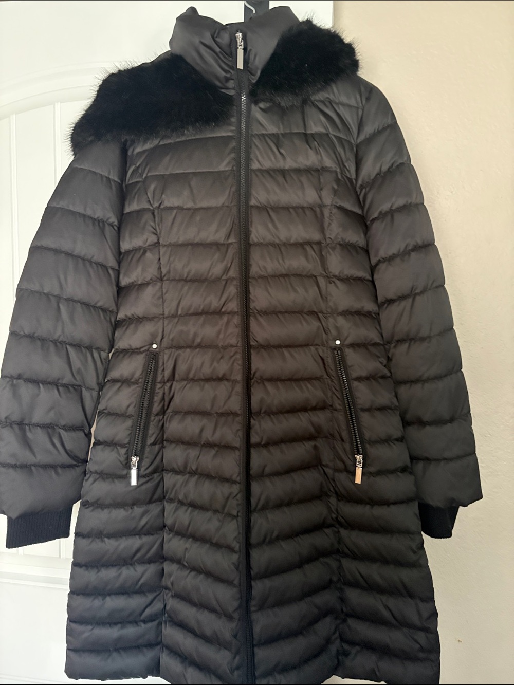 Preston & York Black Quilted Puffer Coat with Faux Fur Collar